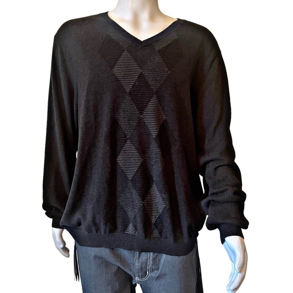 Van Heusen Men's Sweater Pullover Size XL Long Sleeve Black & Gray Argyle Cotton - Picture 1 of 6
